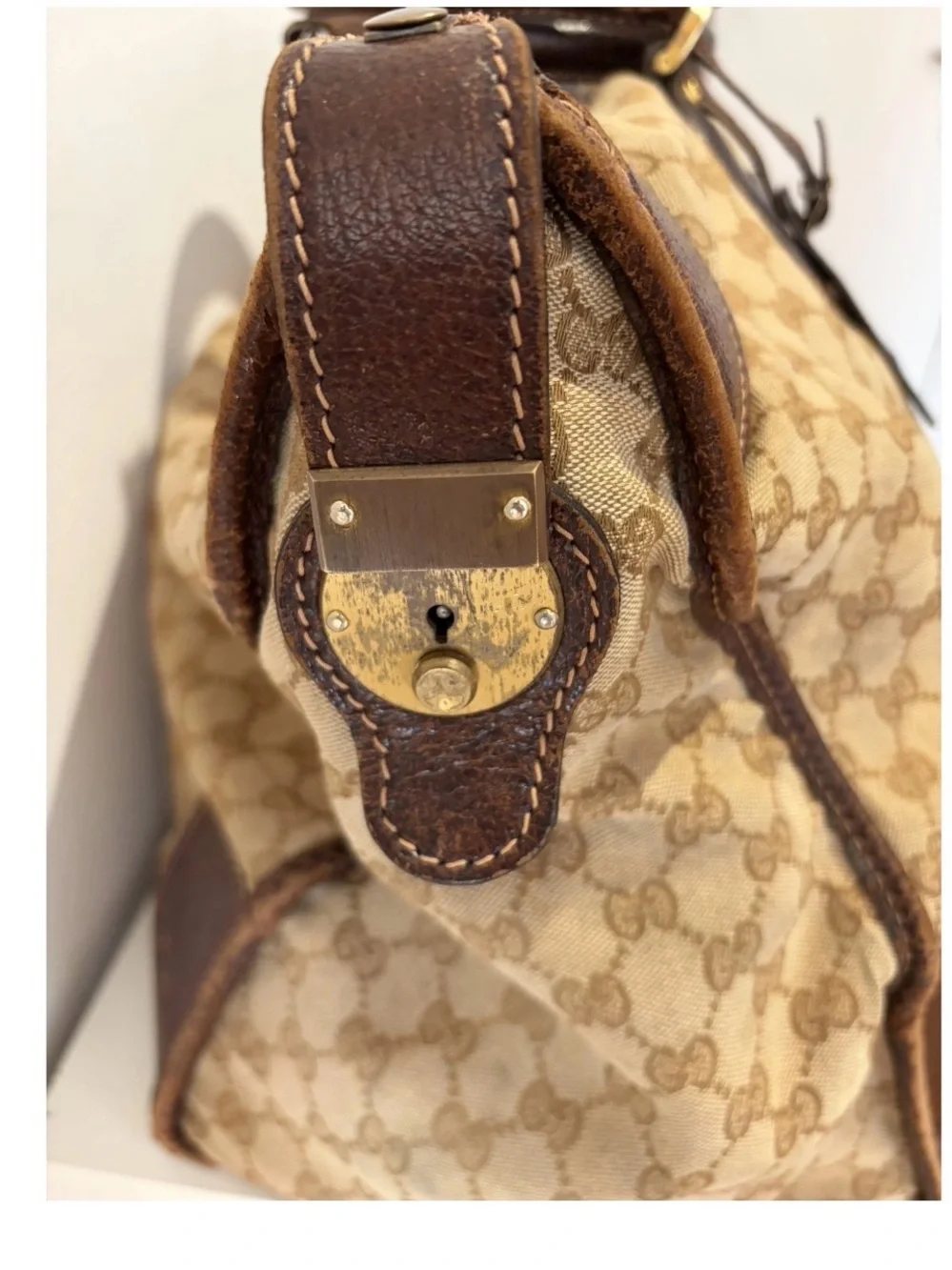 Gucci Beige Monogram Canvas Duffel with Brown Leather Trim